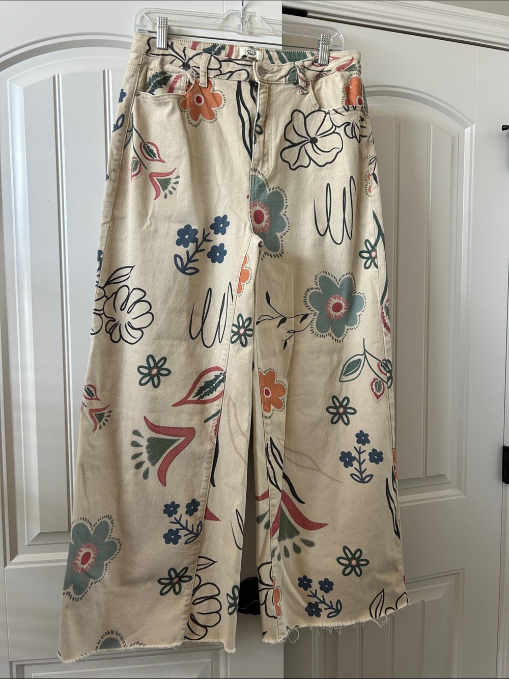 easel Cream Floral A-Line Wide-Leg Skirt with Blue, Green & Orange Blooms size L